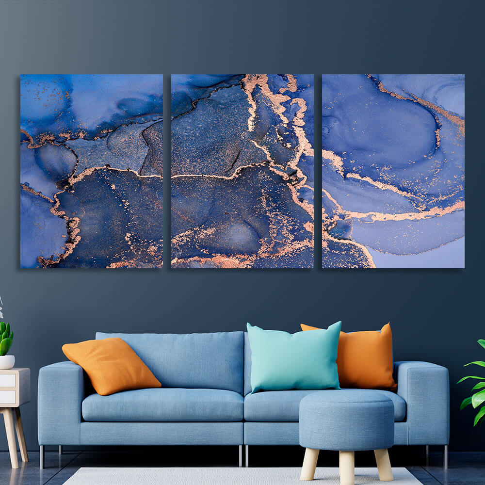 Modular blue and gold abstract Multi Panel Canvas Wall Art Print