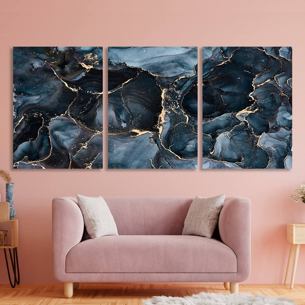 Modular abstraction in dark blues and golds Multi Panel Canvas Wall Art Print