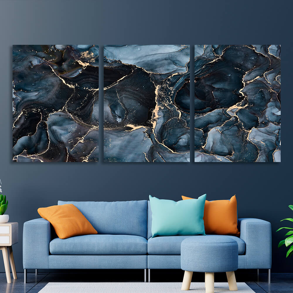 Modular abstraction in dark blues and golds Multi Panel Canvas Wall Art Print