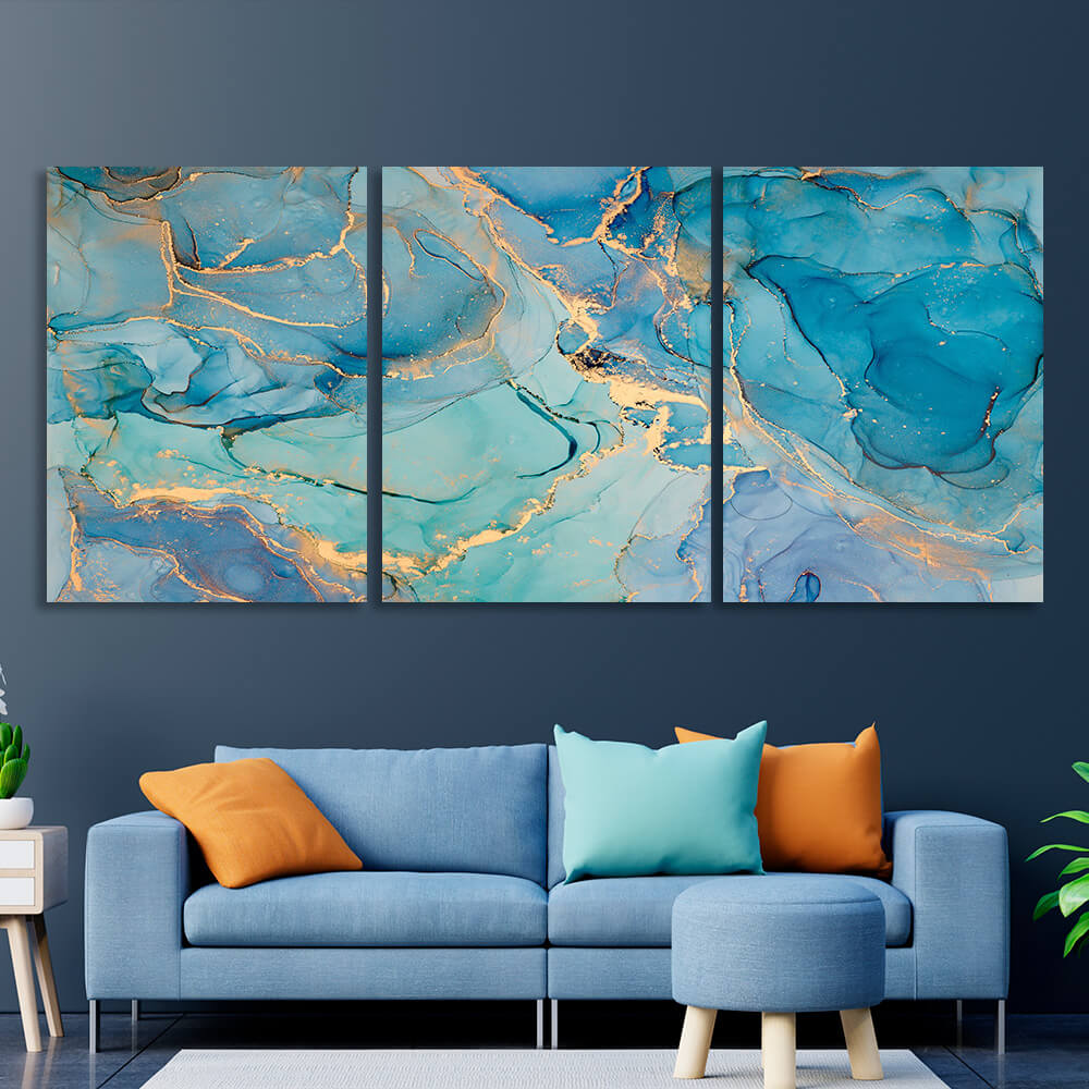 Modular abstraction in turquoise and gold colors Multi Panel Canvas Wall Art Print