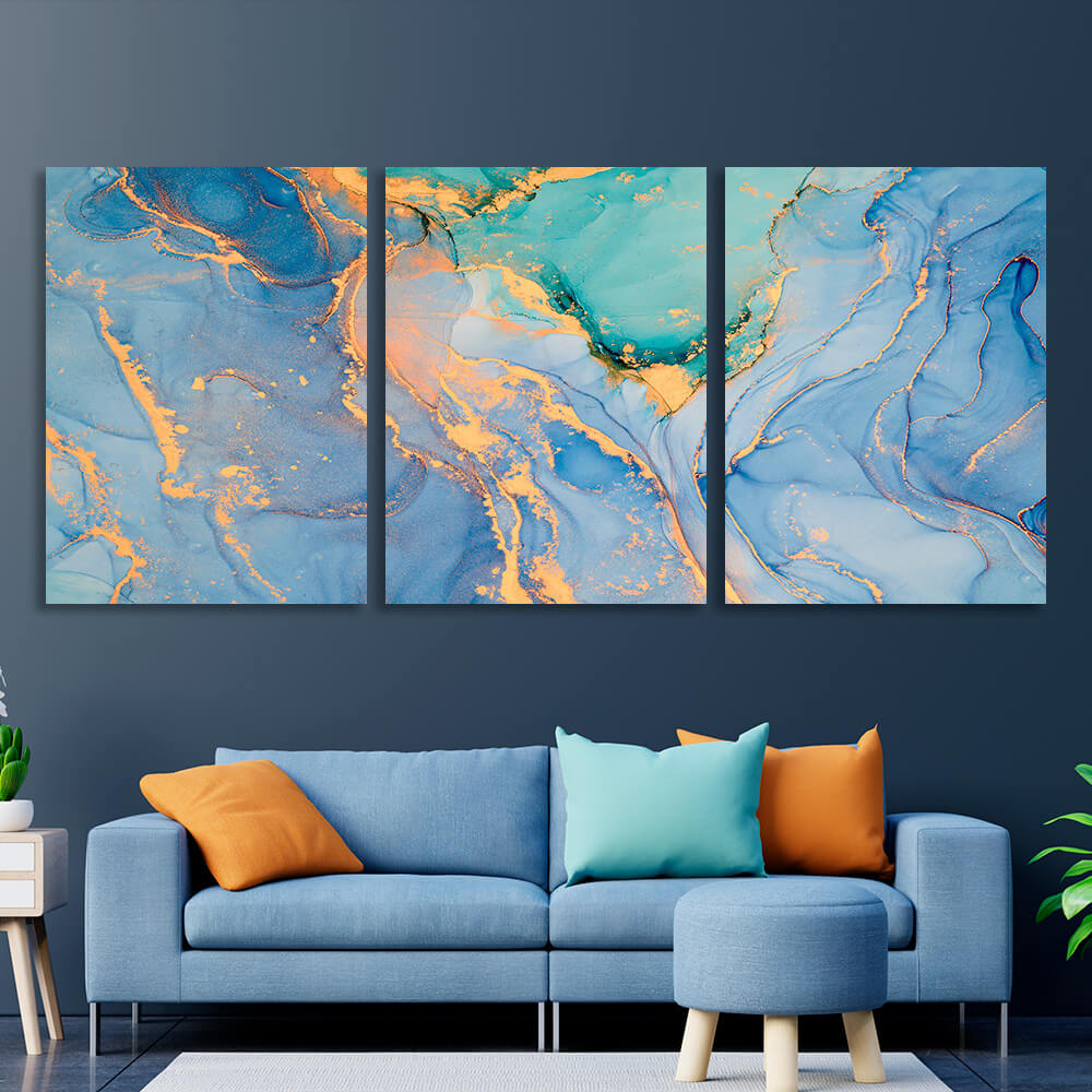 Modular abstract in blue and gold colors Multi Panel Canvas Wall Art Print