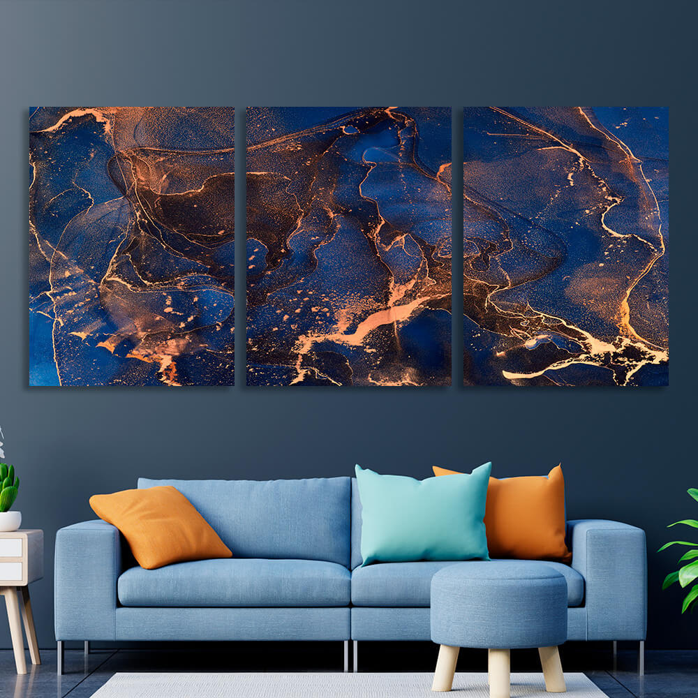 Modularer abstrakter Kunstdruck auf mehrteiliger Leinwand in Marineblau und Gold