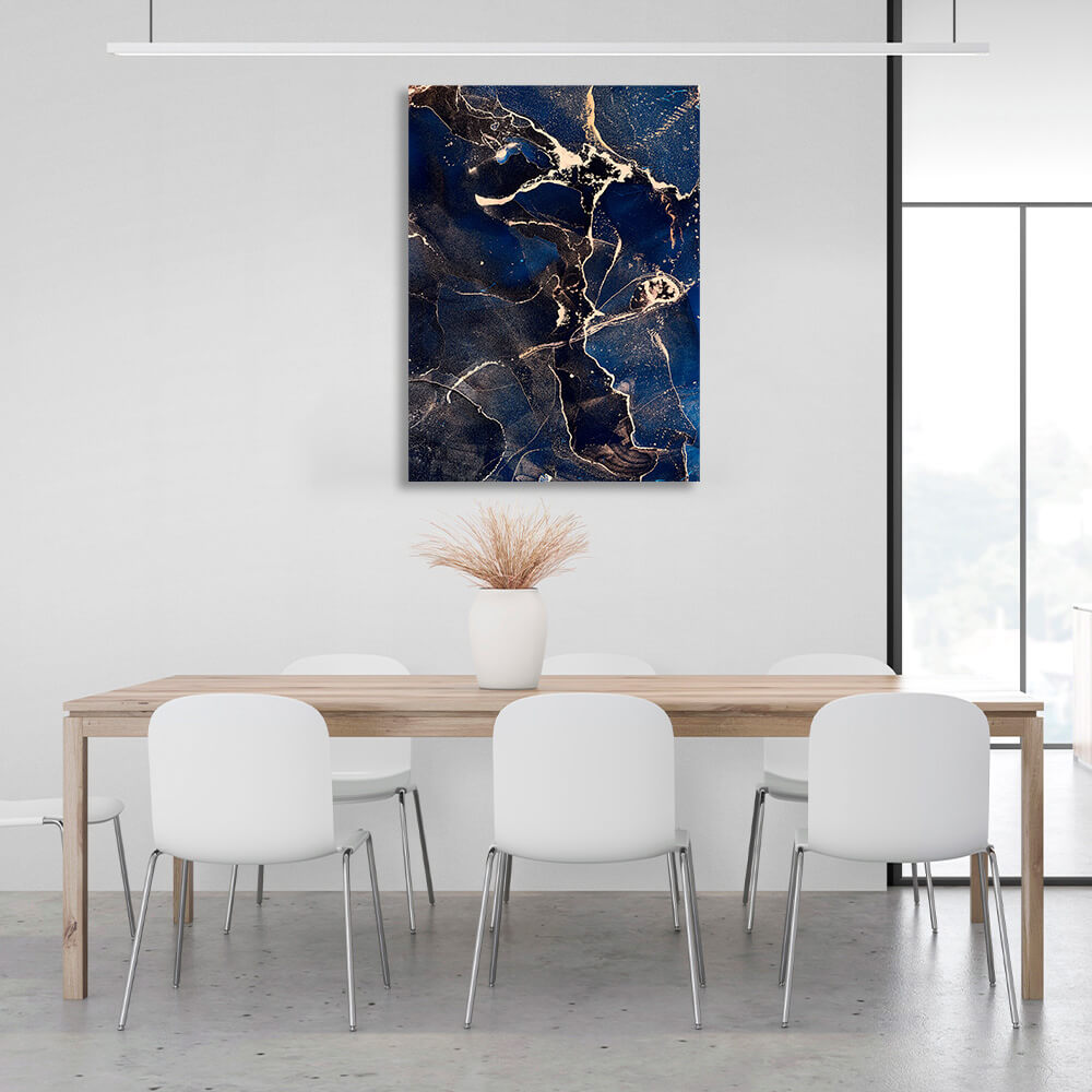 Blue and black abstract with gold elements Abstraction Canvas Wall Art Print