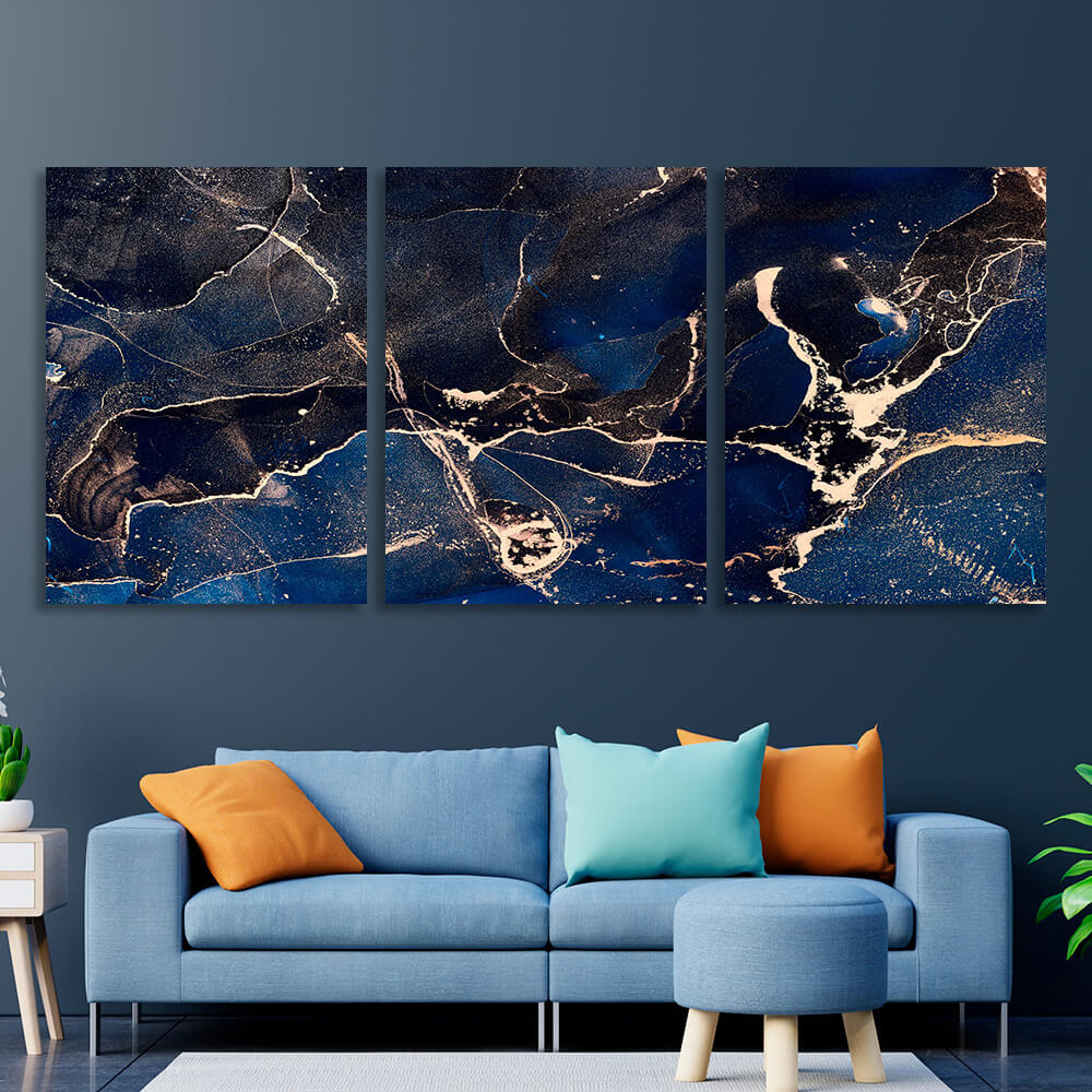 Modular abstract deep blue with gold elements Multi Panel Canvas Wall Art Print