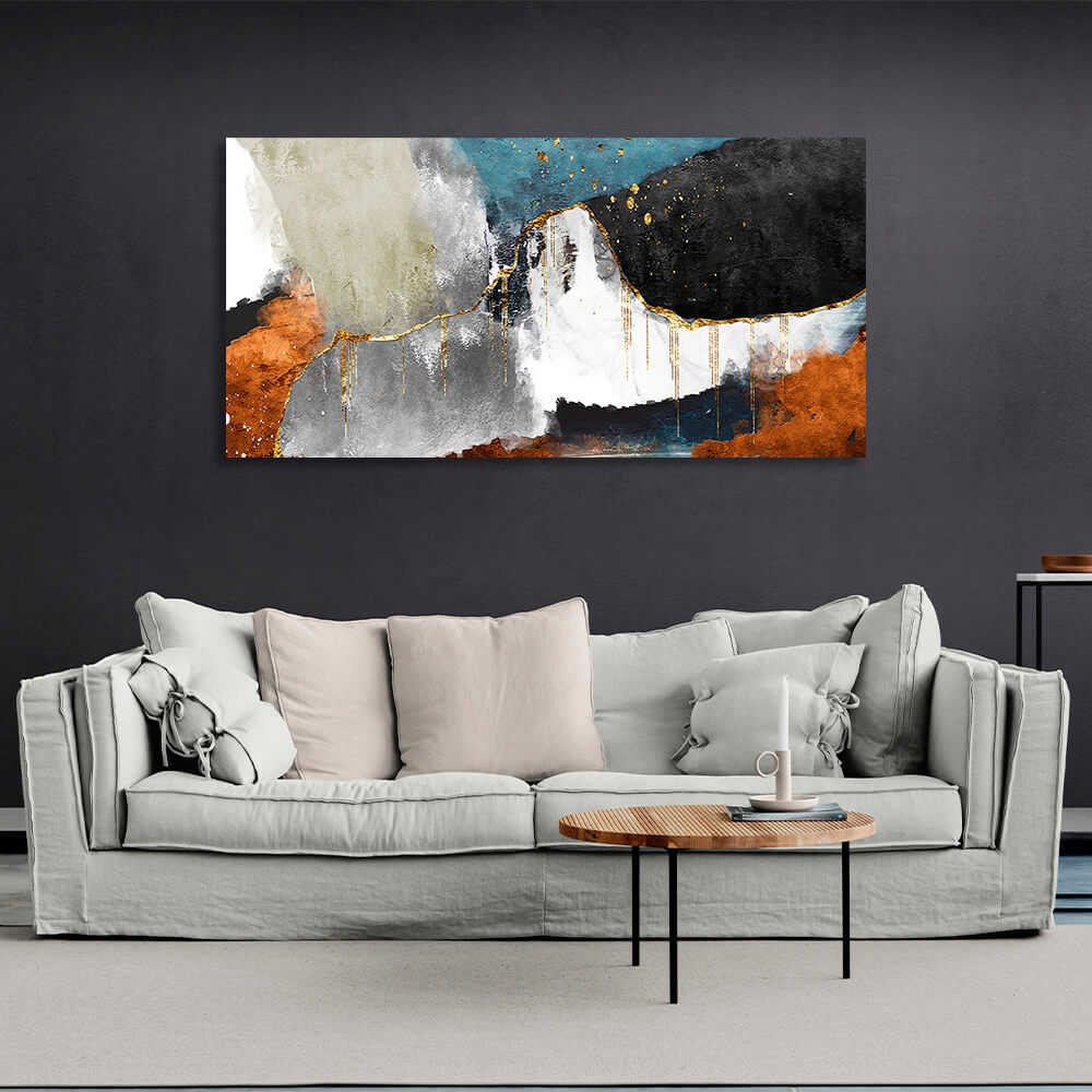 Black with gray and orange colors with gold Abstraction Canvas Wall Art Print