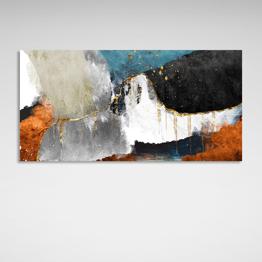 Black with gray and orange colors with gold Abstraction Canvas Wall Art Print