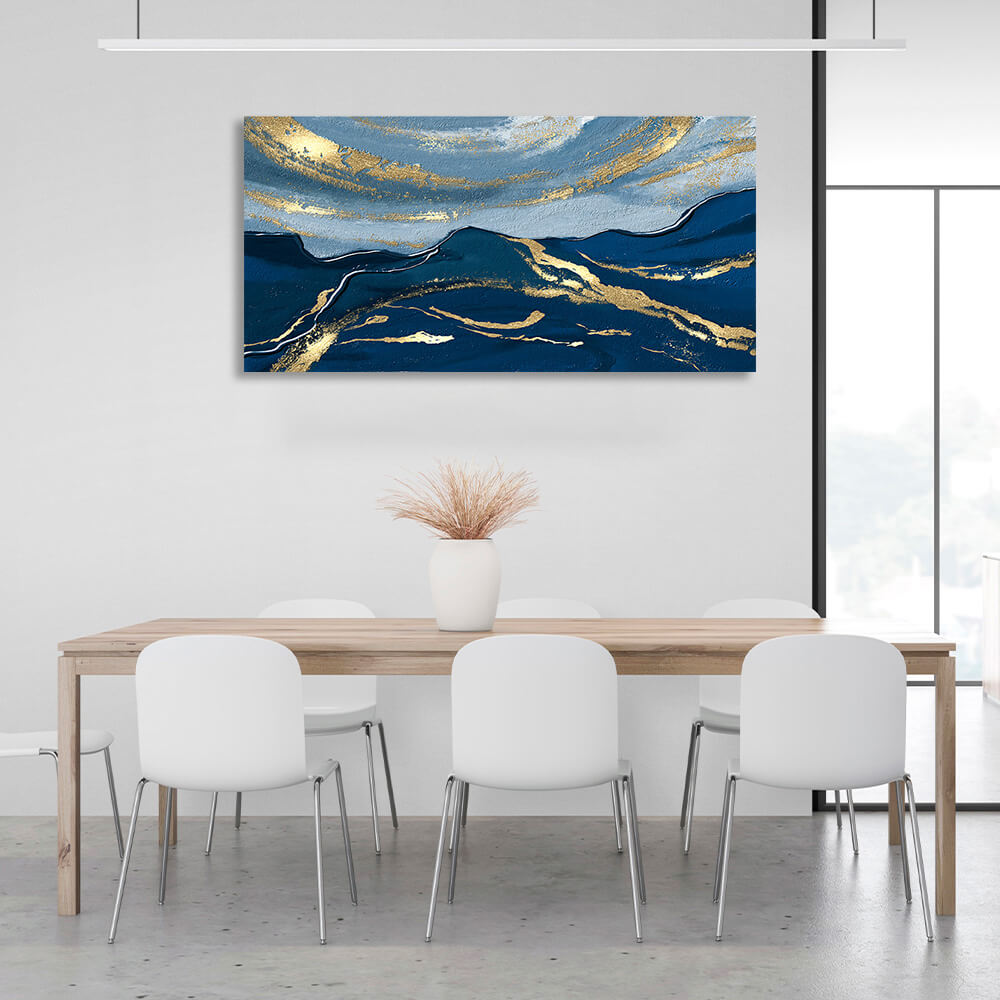 Blau-Marineblauer und goldener Abstraktions-Kunstdruck auf Leinwand