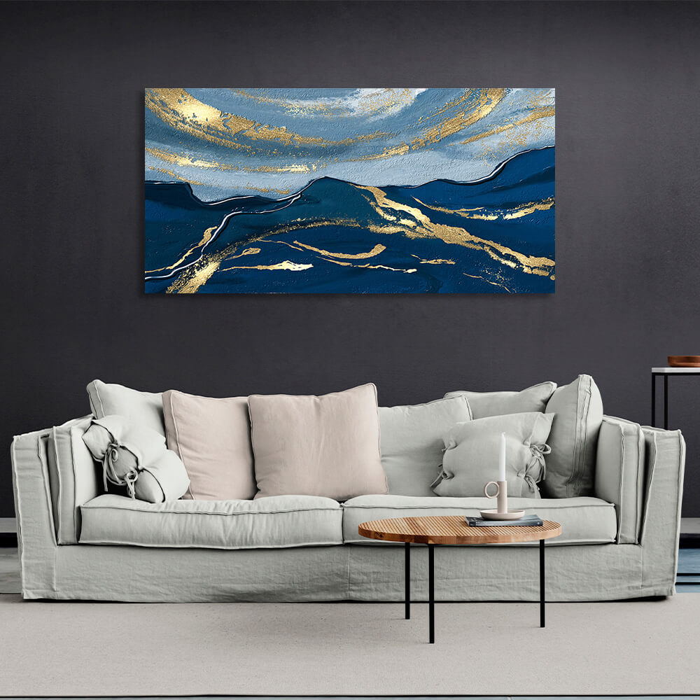 Blau-Marineblauer und goldener Abstraktions-Kunstdruck auf Leinwand