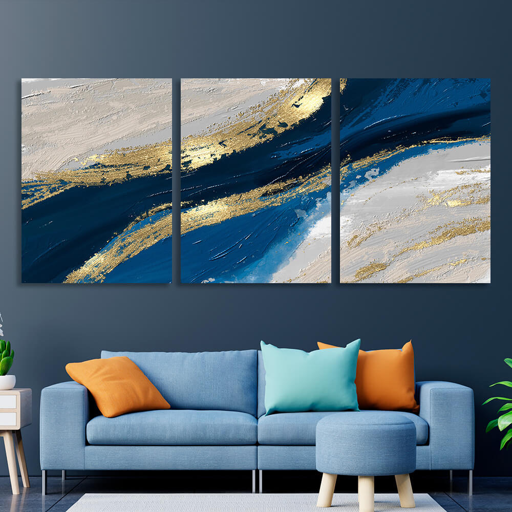 Modular blue-gray abstract with gold elements Multi Panel Canvas Wall Art Print