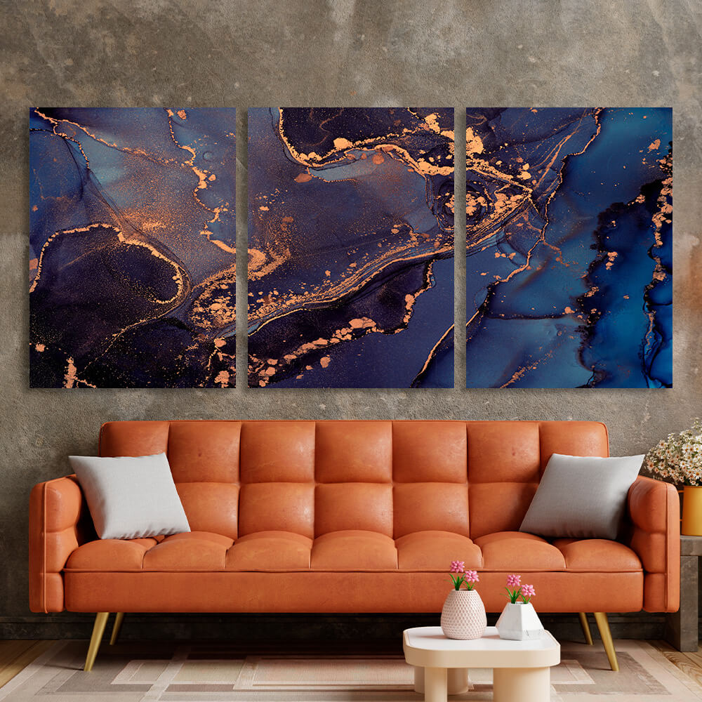 Modular purple and blue abstract with gold elements Multi Panel Canvas Wall Art Print