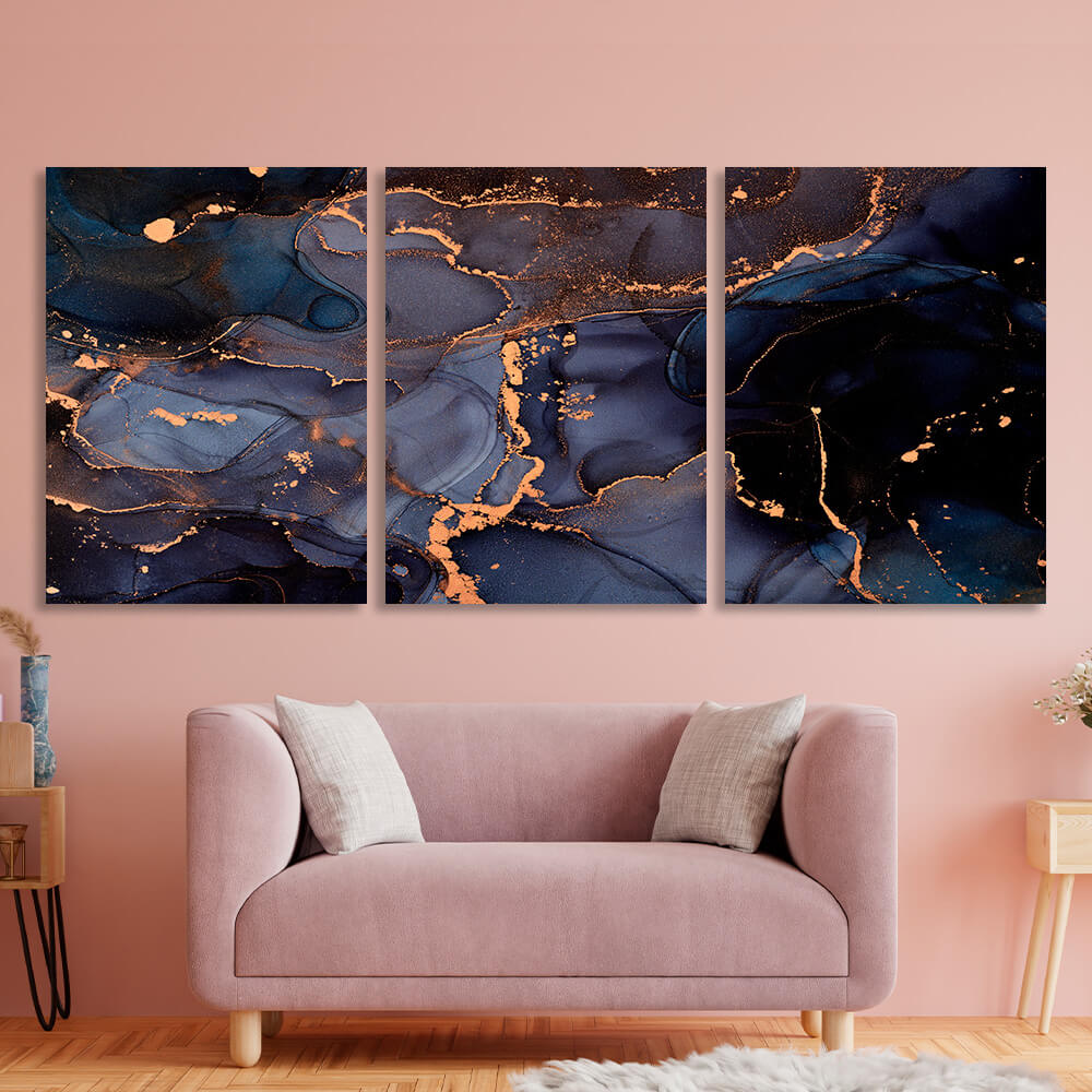 Modular abstract in blue with gold elements Multi Panel Canvas Wall Art Print