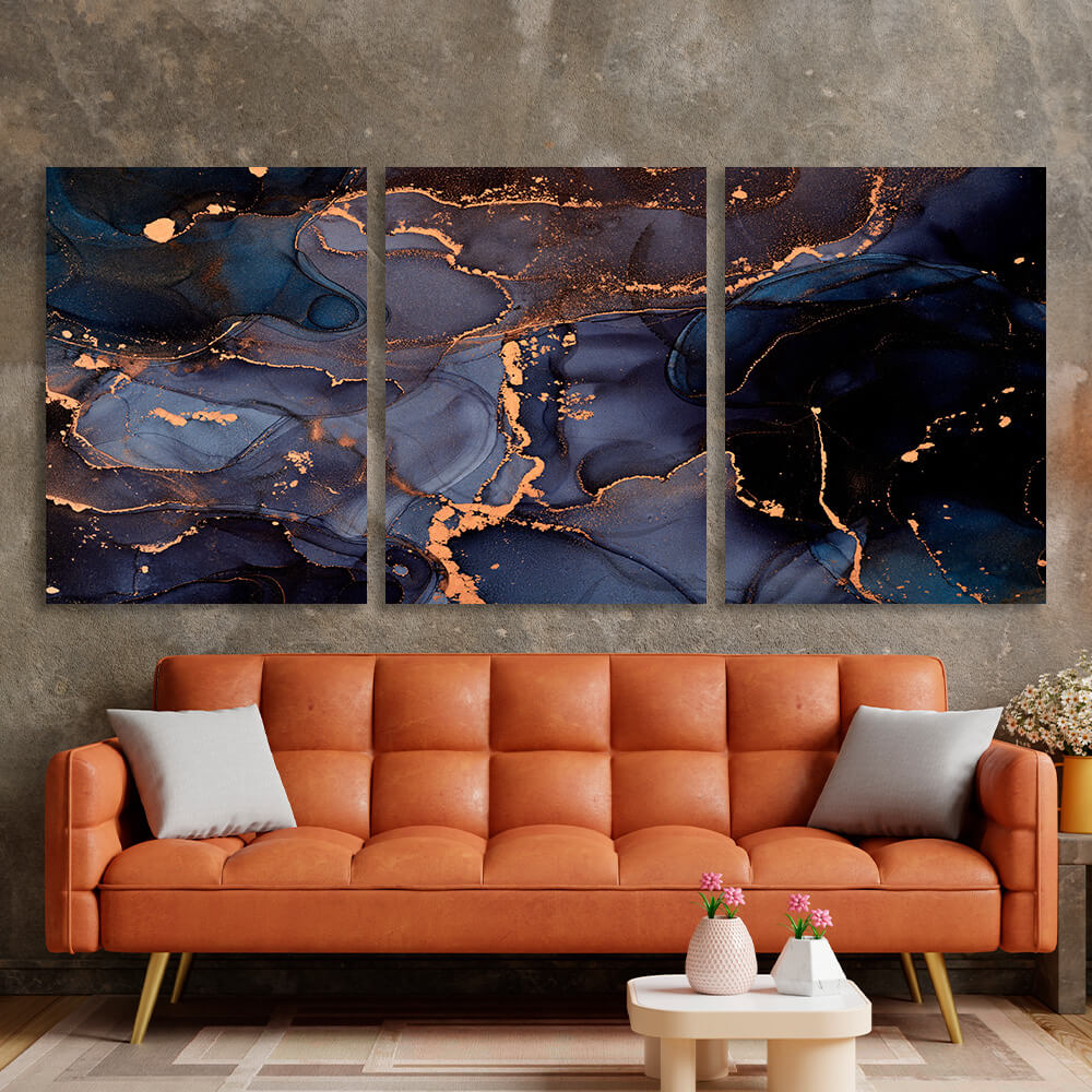 Modular abstract in blue with gold elements Multi Panel Canvas Wall Art Print