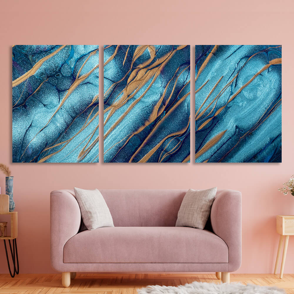 Modularer blau-blauer abstrakter Kunstdruck mit goldenen Elementen, mehrere Teile auf Leinwand