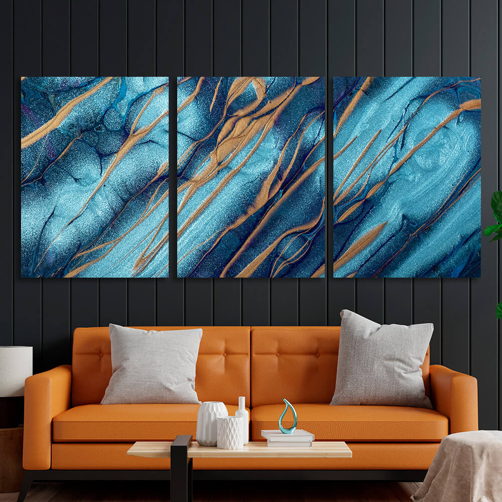 Modular blue-blue abstract with gold elements Multi Panel Canvas Wall Art Print