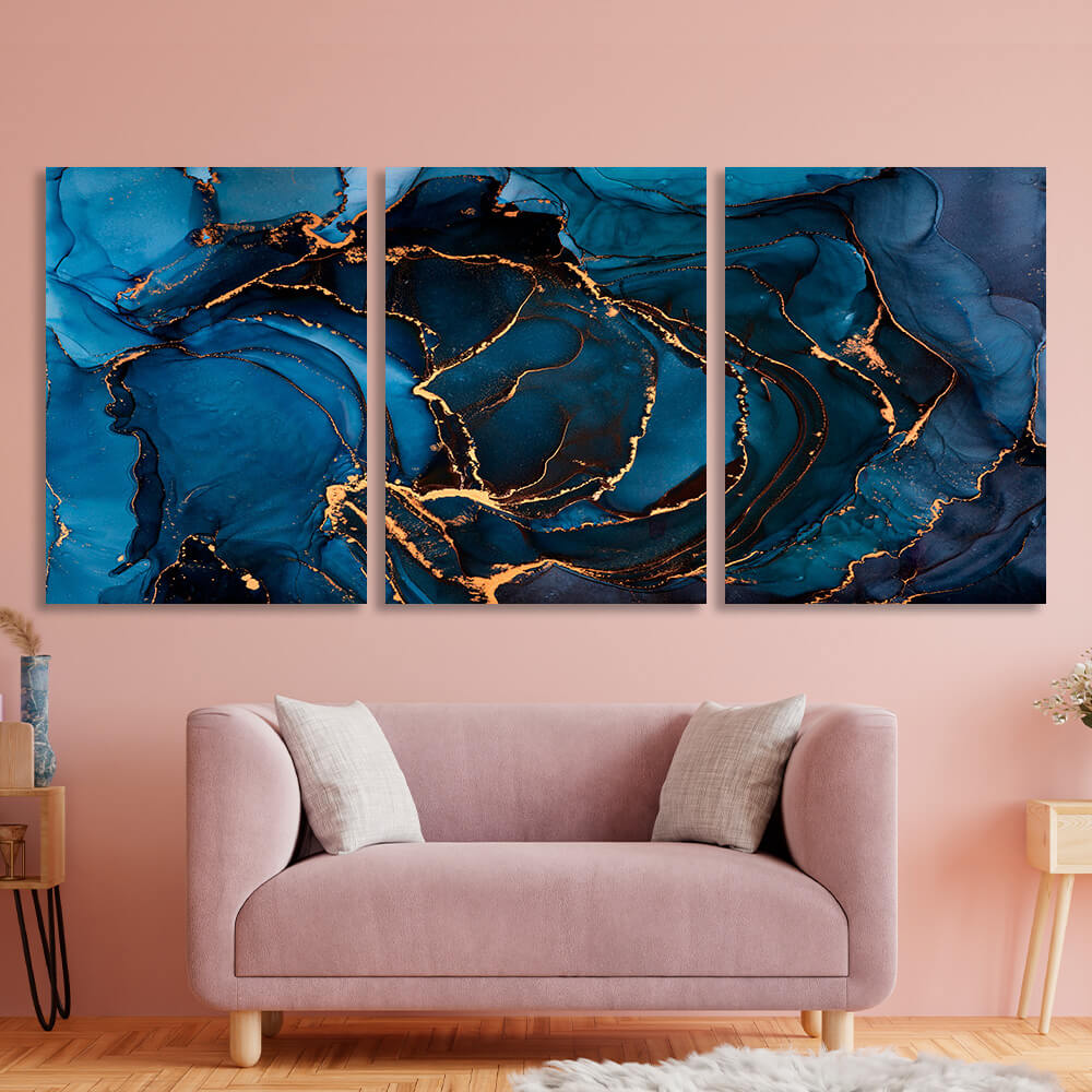 Modular blue abstract with gold elements Multi Panel Canvas Wall Art Print