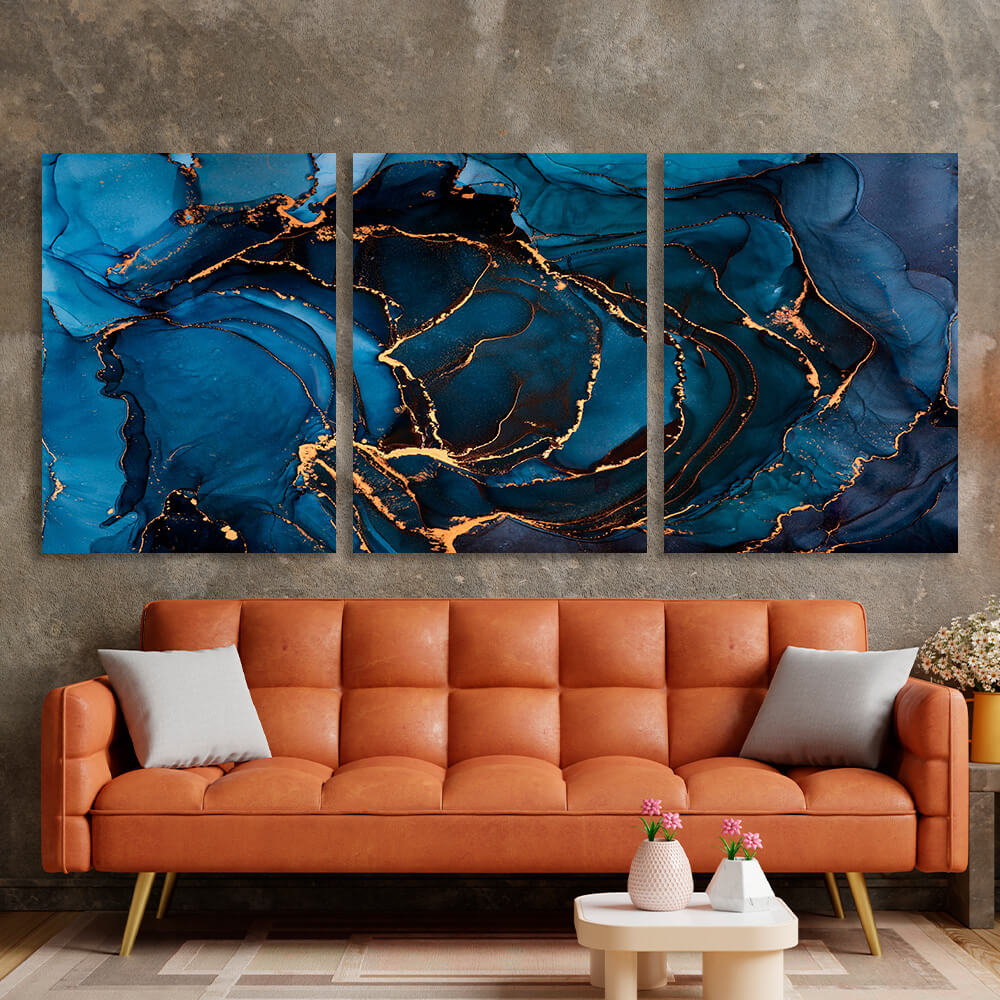 Modular blue abstract with gold elements Multi Panel Canvas Wall Art Print