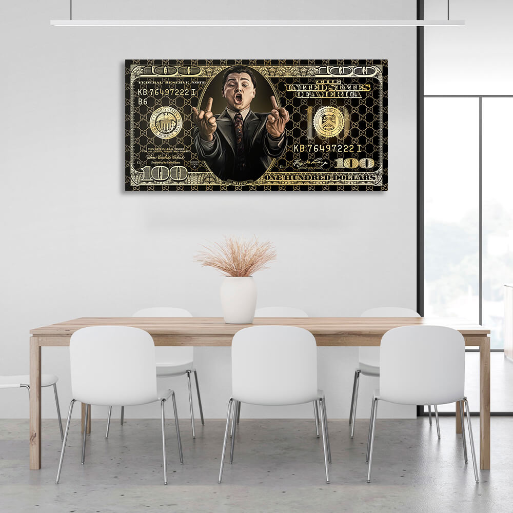 100-Dollar-Schein, schwarz und gold, „The Wolf of Wall Street“, motivierender Kunstdruck auf Leinwand