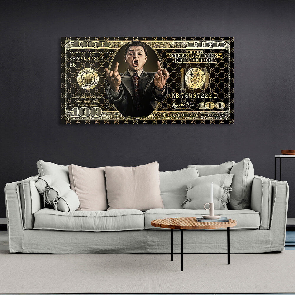 100-Dollar-Schein, schwarz und gold, „The Wolf of Wall Street“, motivierender Kunstdruck auf Leinwand