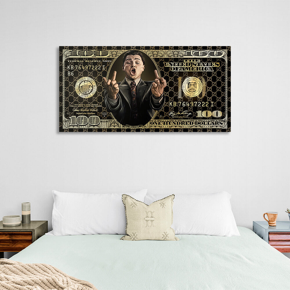 100-Dollar-Schein, schwarz und gold, „The Wolf of Wall Street“, motivierender Kunstdruck auf Leinwand