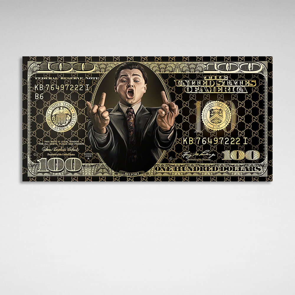 100-Dollar-Schein, schwarz und gold, „The Wolf of Wall Street“, motivierender Kunstdruck auf Leinwand