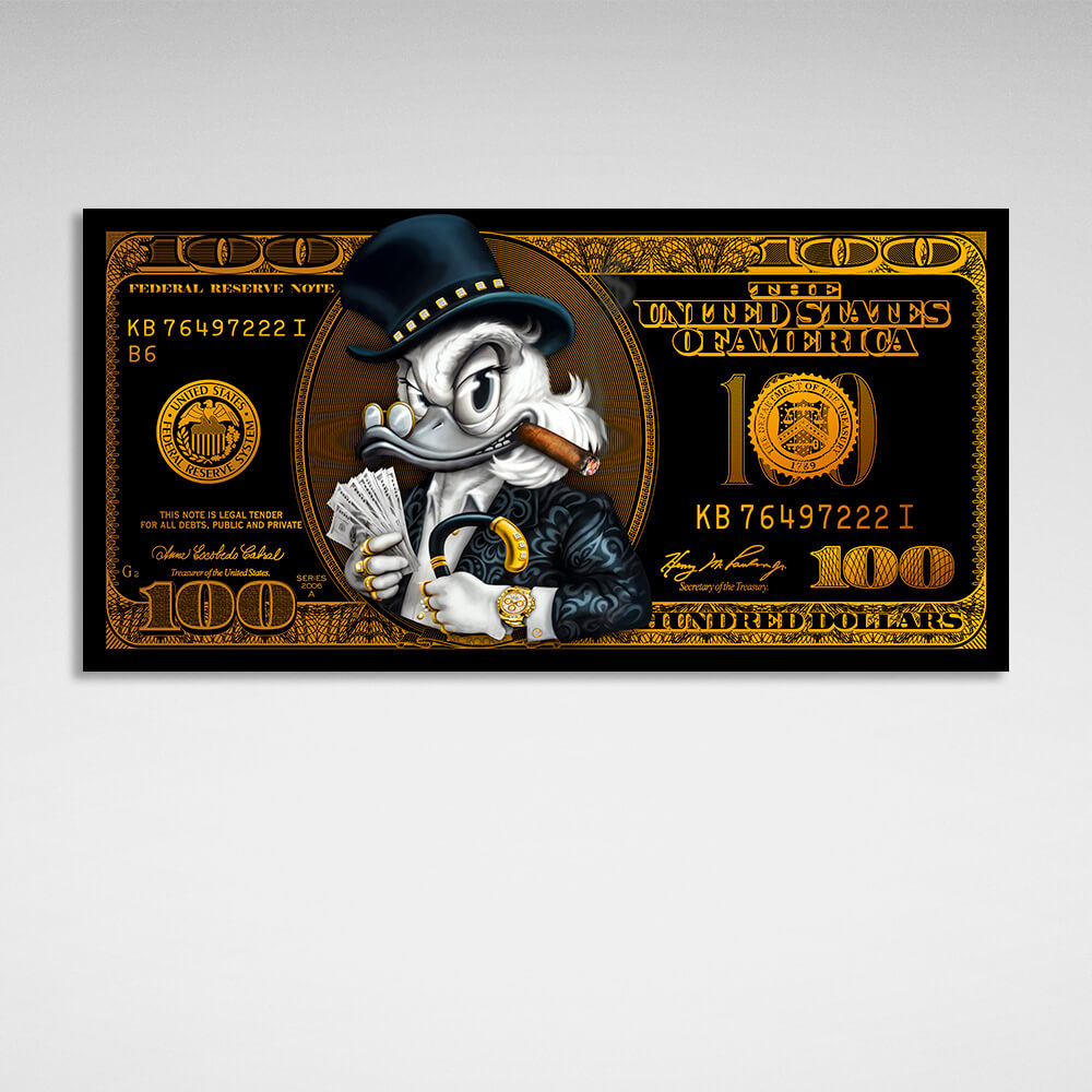 100 dollar bill black and gold Scrooge Motivational Canvas Wall Art Print