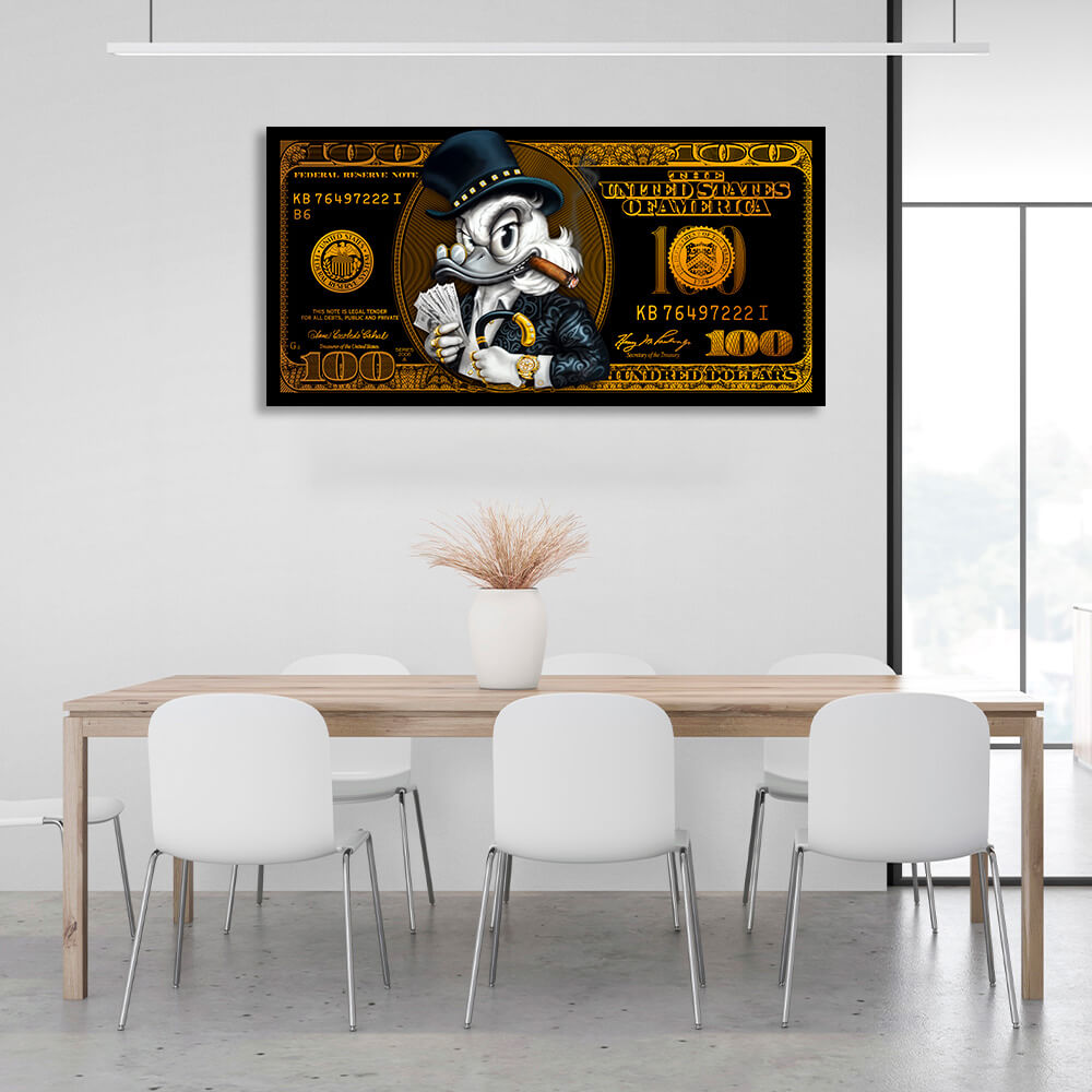 100 dollar bill black and gold Scrooge Motivational Canvas Wall Art Print