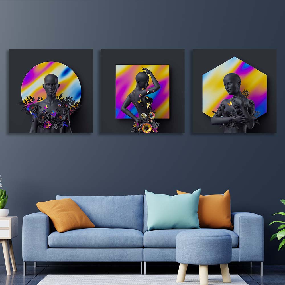 Statue of a woman on a background of colorful figures Multi Panel Canvas Wall Art Print