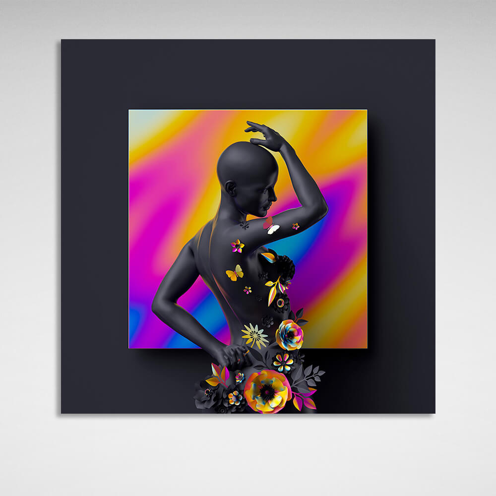 Statue of a woman with flowers on a square colored background Canvas Wall Art Print