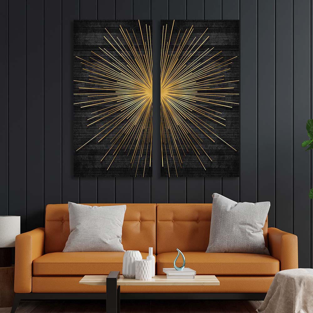 Goldene Strahlen auf dunklem Hintergrund, mehrteiliger Kunstdruck auf Leinwand