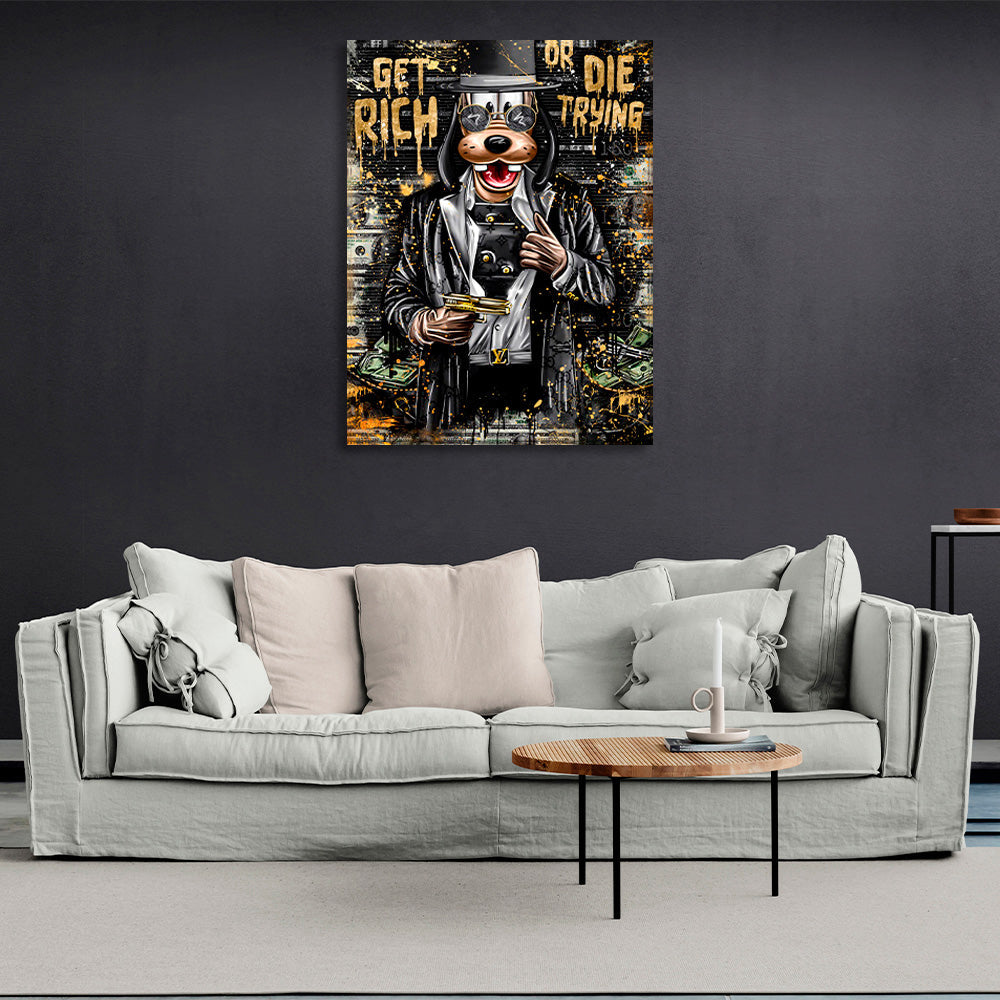 A cartoon dog with a gold gun Canvas Wall Art Print