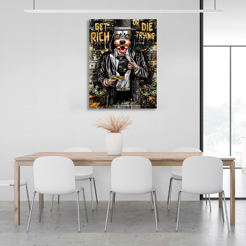 A cartoon dog with a gold gun Canvas Wall Art Print