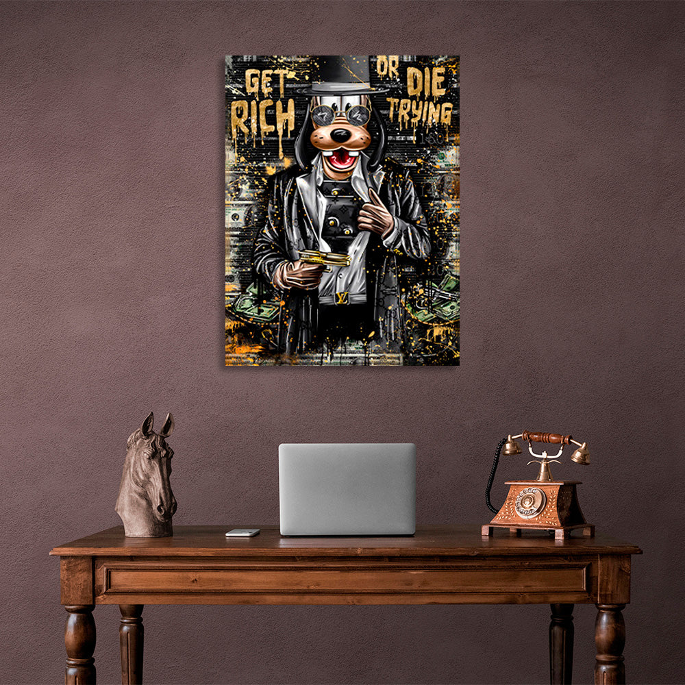 A cartoon dog with a gold gun Canvas Wall Art Print