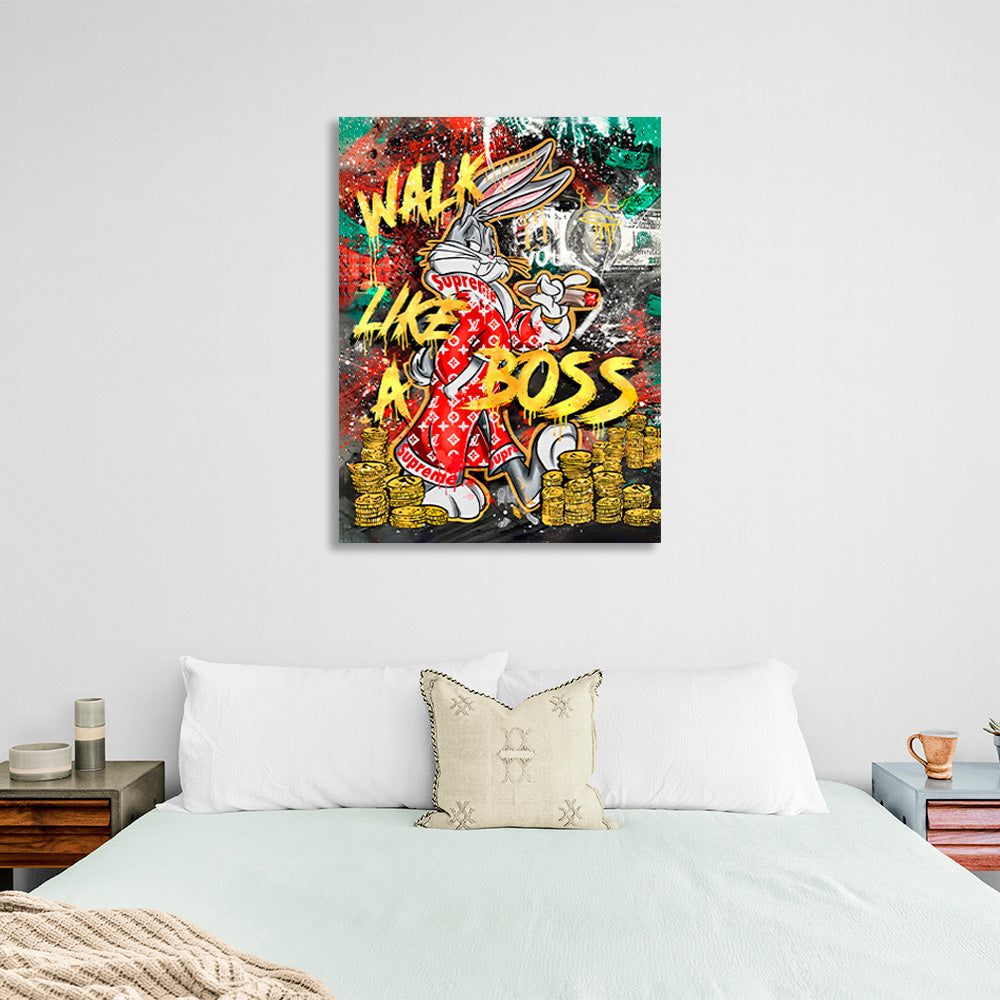 Bunny with a cigar against a backdrop of dollars and gold coins Canvas Wall Art Print