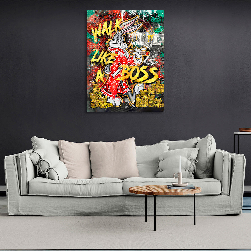 Bunny with a cigar against a backdrop of dollars and gold coins Canvas Wall Art Print