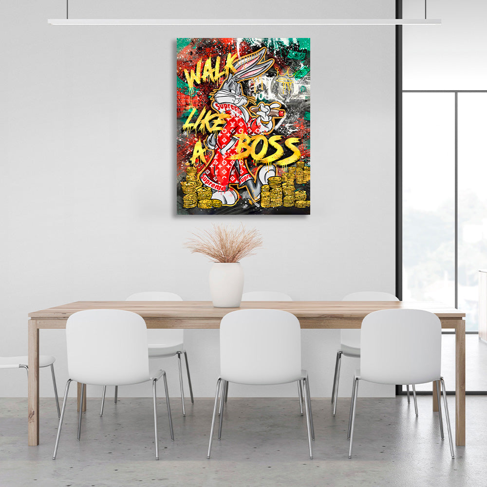 Bunny with a cigar against a backdrop of dollars and gold coins Canvas Wall Art Print