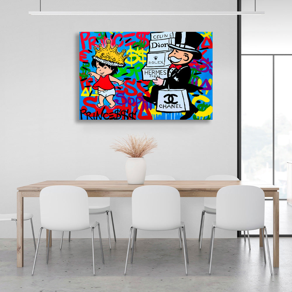 Alec Monopoly in the background of the graffiti Canvas Wall Art Print