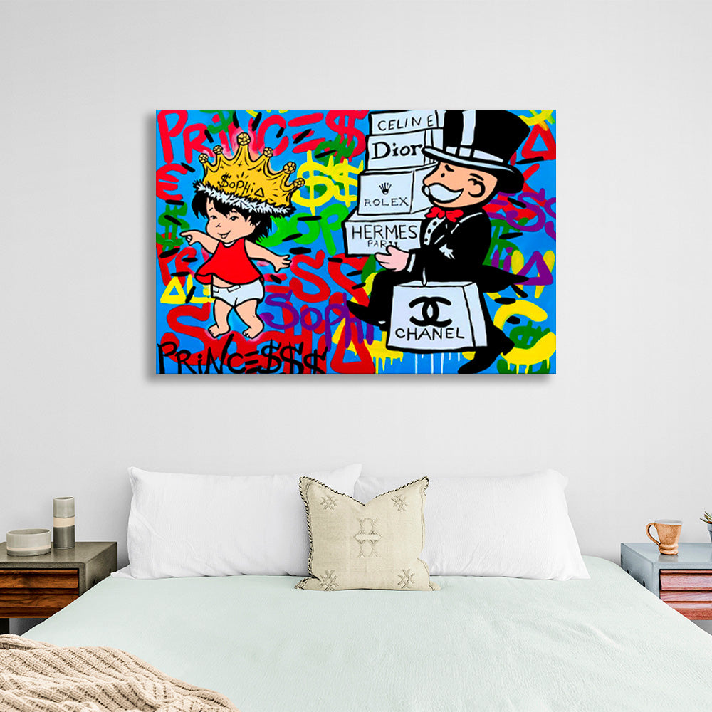 Alec Monopoly in the background of the graffiti Canvas Wall Art Print