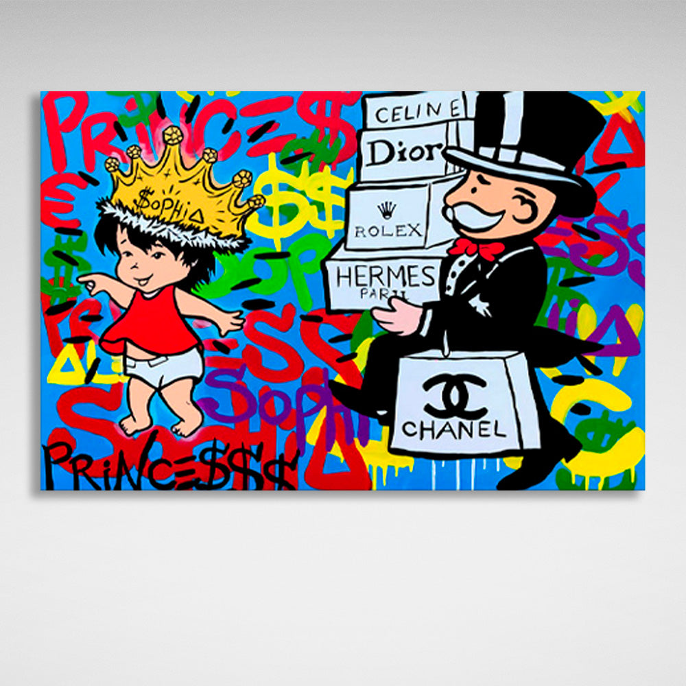 Alec Monopoly im Hintergrund des Graffiti-Kunstdrucks auf Leinwand