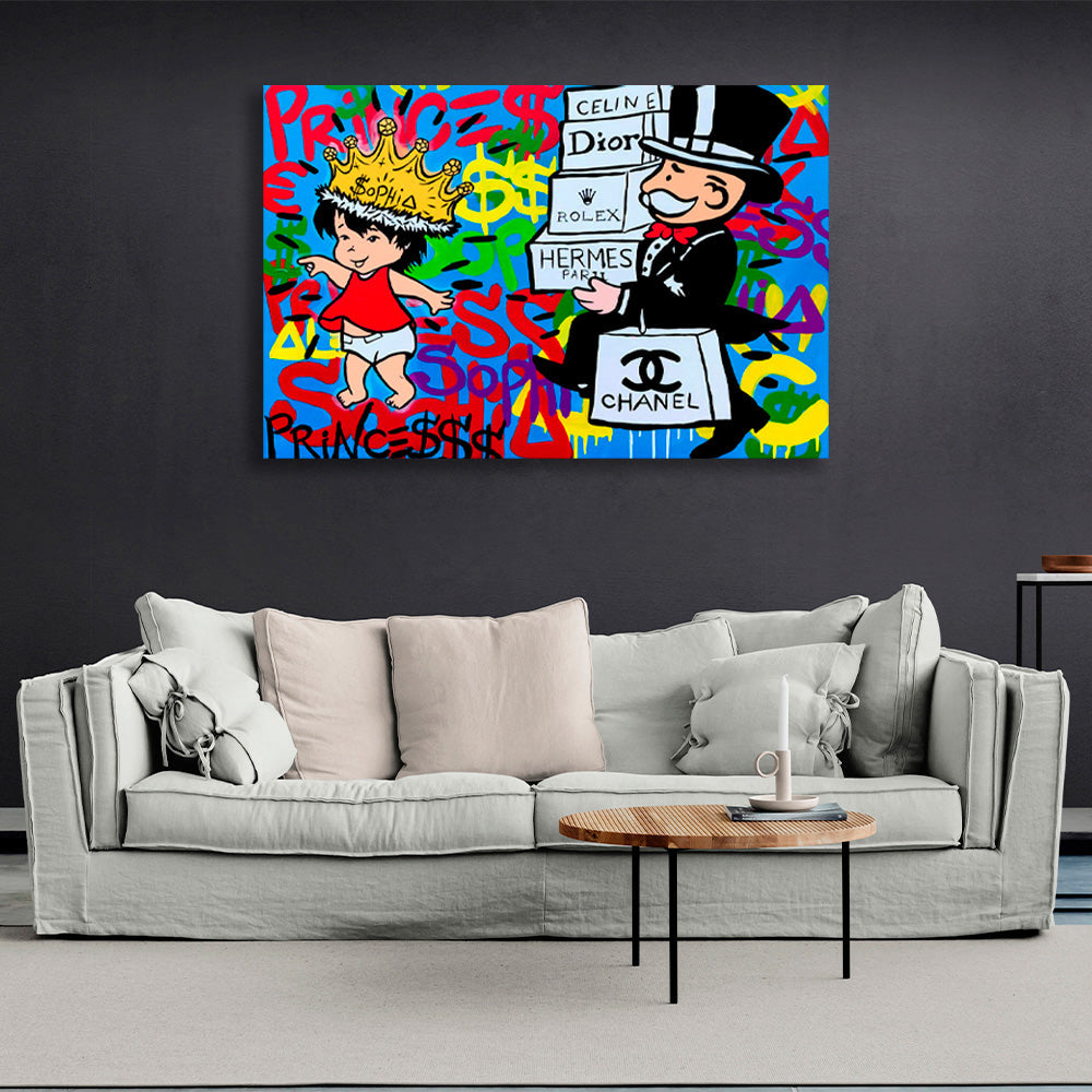 Alec Monopoly im Hintergrund des Graffiti-Kunstdrucks auf Leinwand