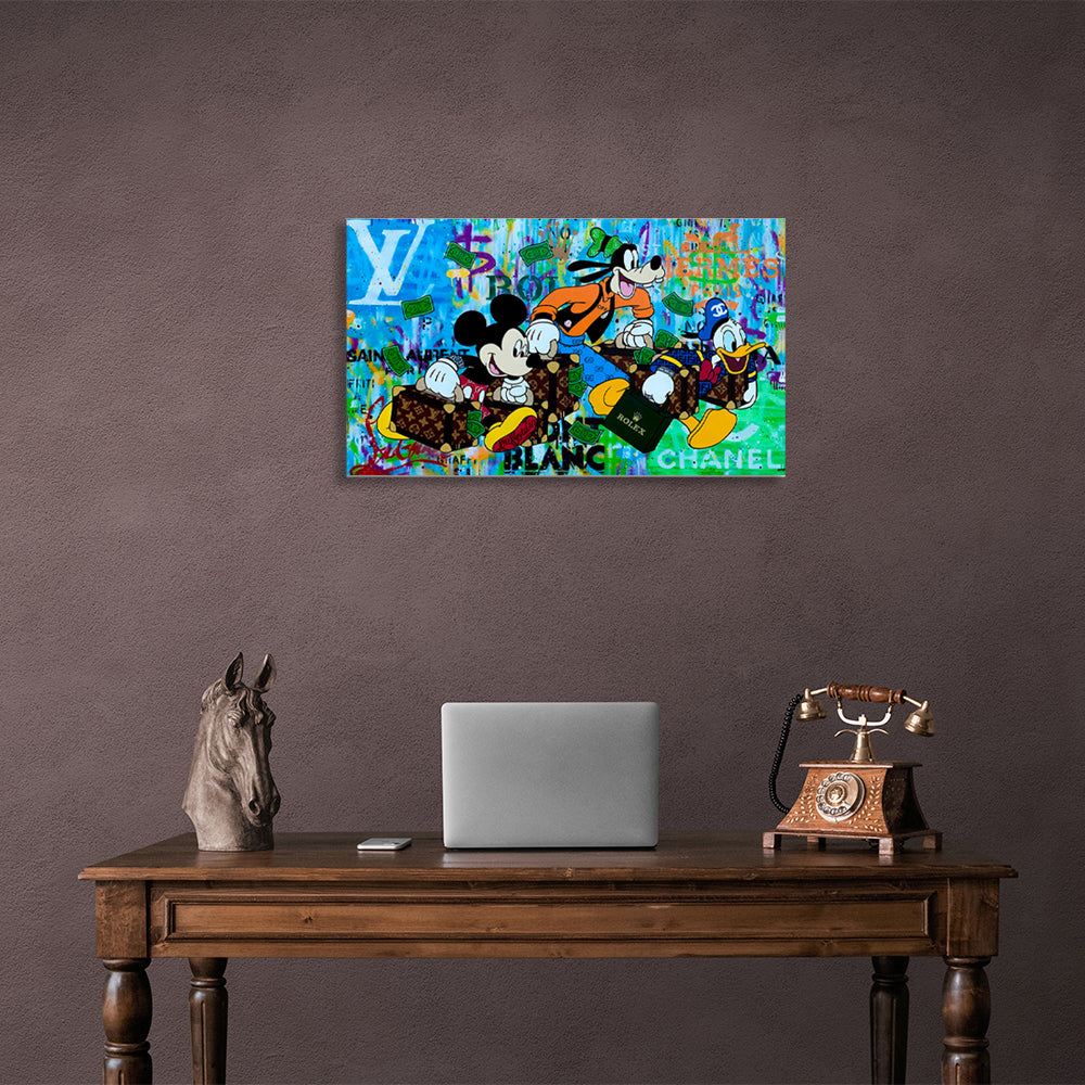 Kunstdruck auf Leinwand, Motiv: Mickey Mouse, Donald Duck und Goofy mit Geld in ihren Taschen