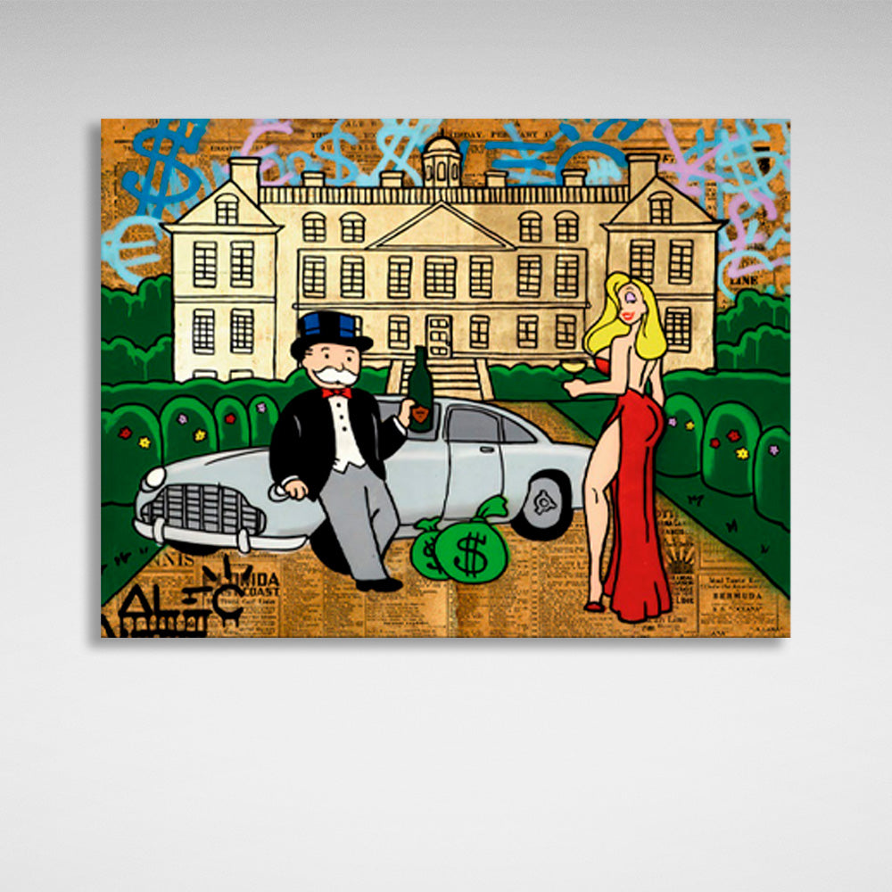 Das Mädchen und Alec Monopoly im Hintergrund des Autos und des Hauses Leinwandbild