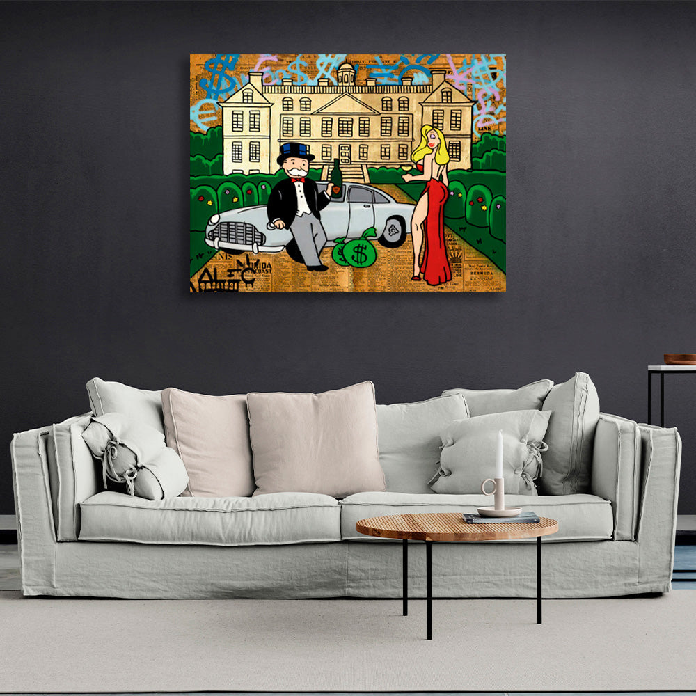 The girl and Alec Monopoly in the background of the car and the house Canvas Wall Art Print