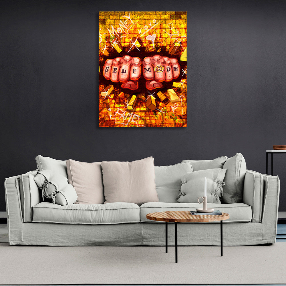 Two fists and a golden wall Motivational Canvas Wall Art Print