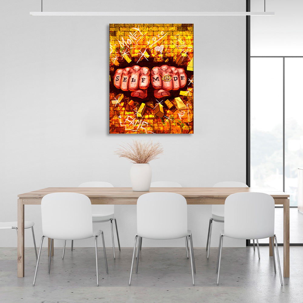 Two fists and a golden wall Motivational Canvas Wall Art Print