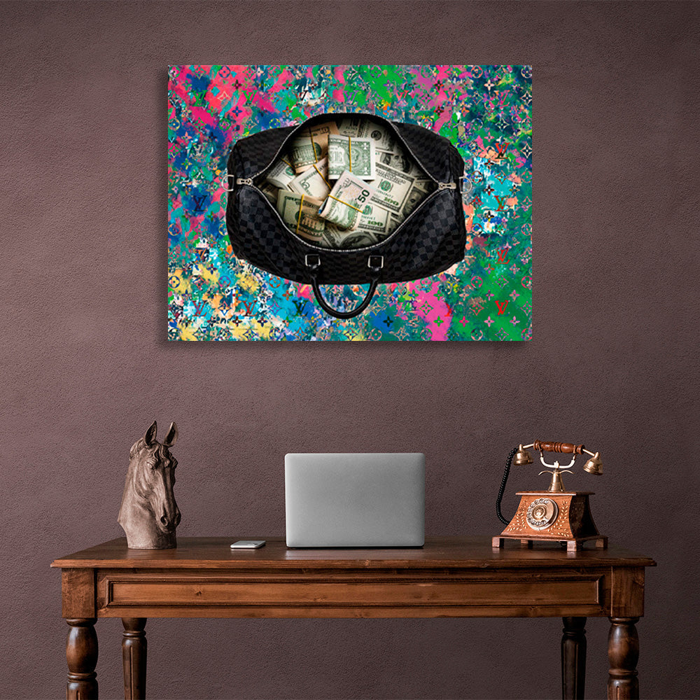 A black bag with money in the background of graffiti Inspirational Canvas Wall Art Print