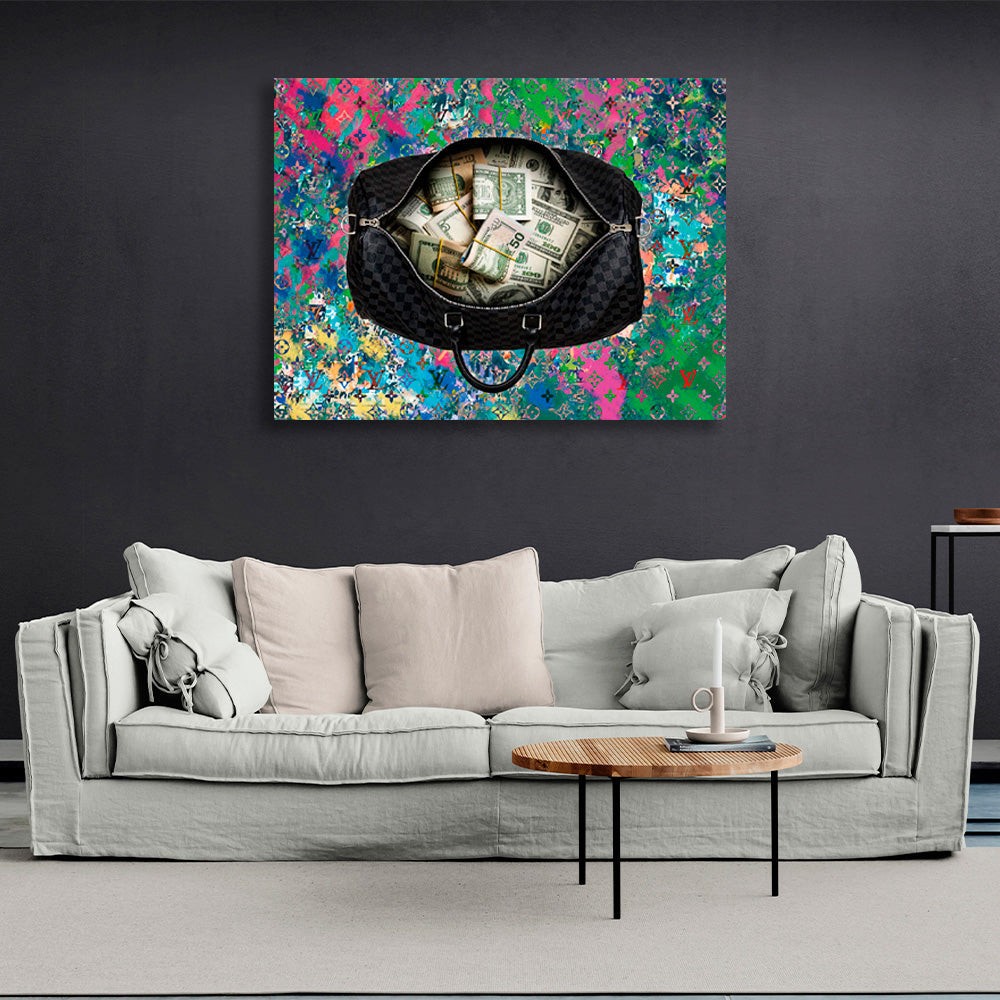 A black bag with money in the background of graffiti Inspirational Canvas Wall Art Print