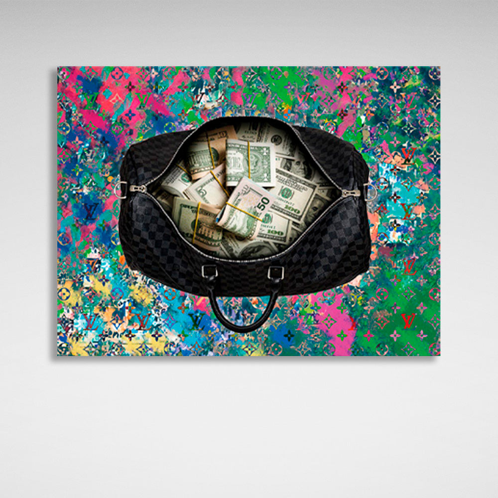 Eine schwarze Tasche mit Geld im Hintergrund von Graffiti Inspirierender Kunstdruck auf Leinwand