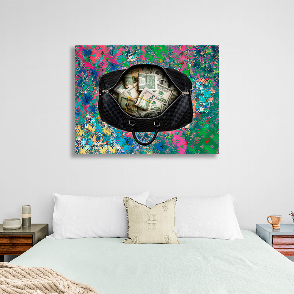 A black bag with money in the background of graffiti Inspirational Canvas Wall Art Print