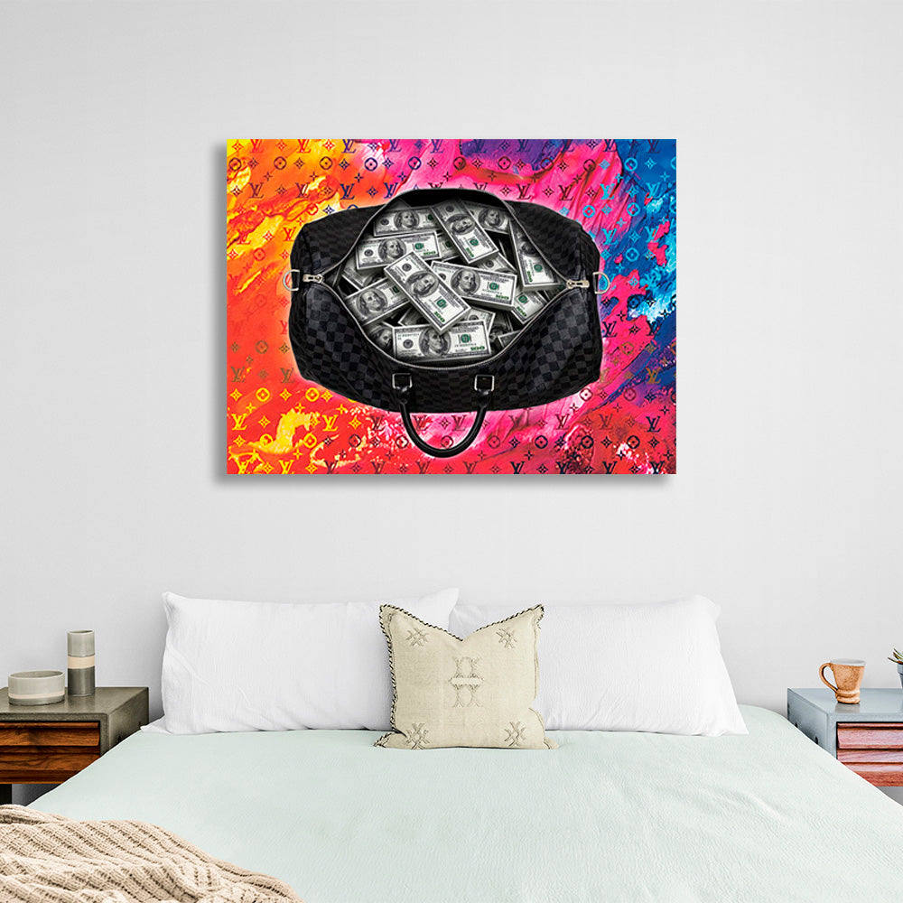 Black bag with 100 dollar bills on a bright background Inspirational Canvas Wall Art Print