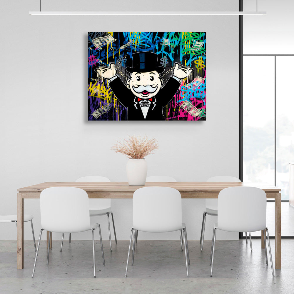 Kunstdruck auf Leinwand mit dem Motiv „Alec Monopoly“ im Hintergrund des Geld-Graffiti